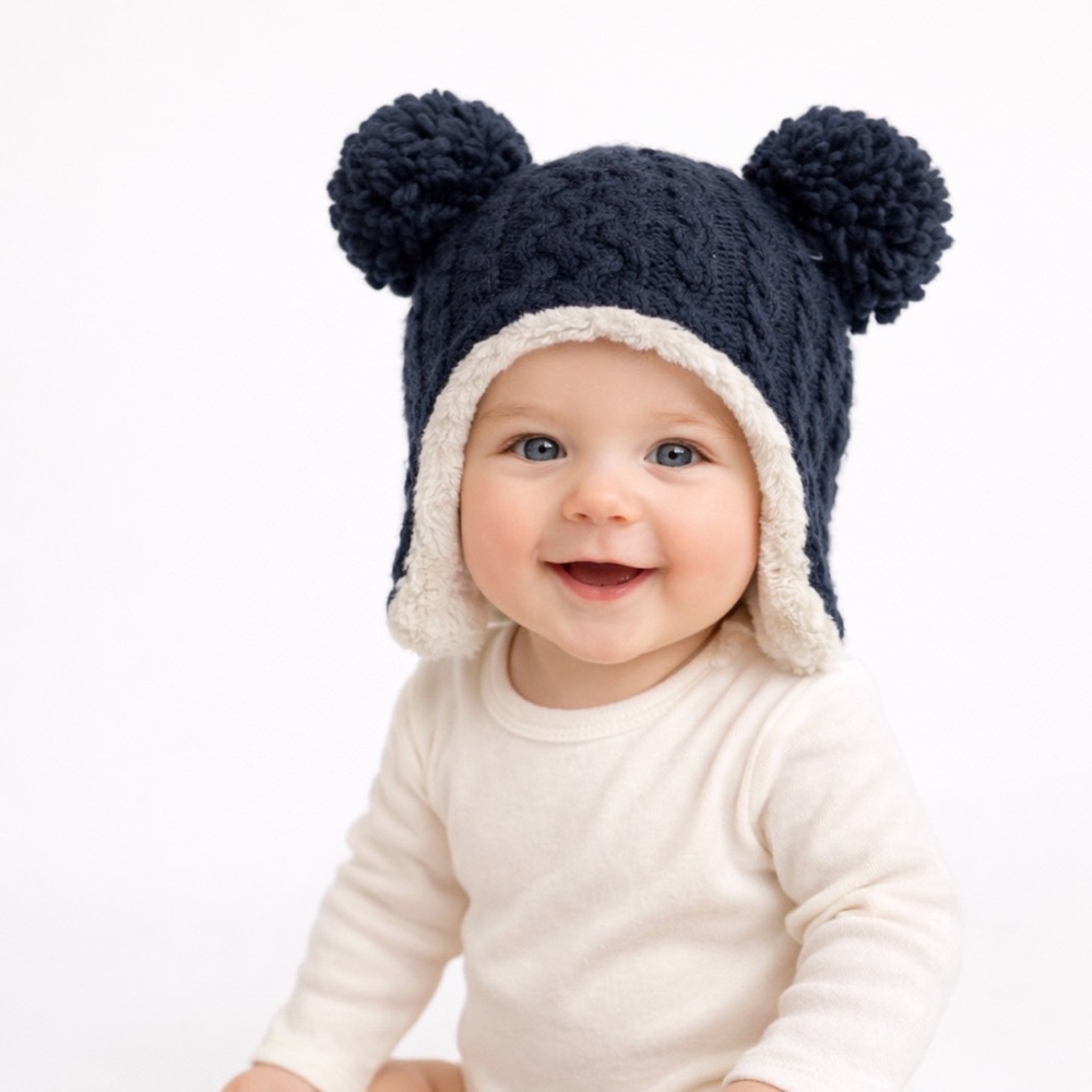 Cat & Jack Baby Knit Hat & Bootie Set | Pom Pom Ear Beanie | NWT